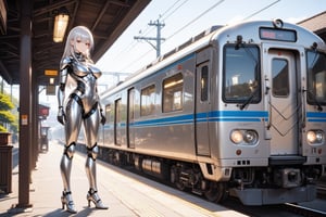  an android girl is standing on the platform in countryside station. Platform height is the same height as train doors. A local train is stopping.sunny.

Trains: Japanese National Railways.stainless-steel train on indigo stripes,2 headlights,a through door at the front of the train. The width of the track is 1067 mm. The width of the train body is 2900mm.

android girl:shoulder-length ponytail metallic silver hair with diagonal bangs,glossy brown eyes,mechanical joints,mirror-polished metallic silver body with reflection of surrounding objects,
Style: anime face,photorealistic body,highly detailed,clean lines,. 
Background: station,
Accessory: travel bag on her shoulder.,
Overall impression: stylish fusion of traditional Asian slender aesthetics.,

\mechako\,noc-detail