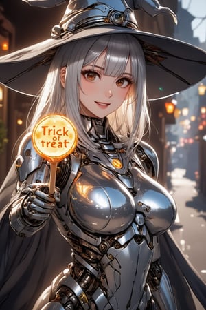 A witch holds a wooden big magic wand toward the viewer and opens her mouth to cast a spell. A glowing magic circle floats at the tip of magic wand, display of the words "Trick or treat.". 

Woman:shoulder-length metallic silver hair with diagonal bangs,glossy brown eyes,mechanical joints,mirror-polished metallic silver body with reflection of surrounding,smile.
Style: anime face,photorealistic body,highly detailed,clean lines,. 
Background: Halloween decorated street,rainbow-colored light rays ,
Outfit: witch costume,witch hat. ,
noc-detail,\mechako\, source_anime, source_pony