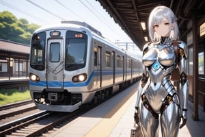  an android girl is standing on the platform in countryside station. Platform height is the same height as train doors. A local train is stopping.sunny.

Trains: Japanese National Railways.stainless-steel train on indigo stripes,2 headlights,a through door at the front of the train. The width of the track is 1067 mm. The width of the train body is 2900mm.

android girl:shoulder-length ponytail metallic silver hair with diagonal bangs,glossy brown eyes,mechanical joints,mirror-polished metallic silver body with reflection of surrounding objects,
Style: anime face,photorealistic body,highly detailed,clean lines,. 
Background: station,
Accessory: travel bag on her shoulder.,
Overall impression: stylish fusion of traditional Asian slender aesthetics.,

\mechako\,noc-detail