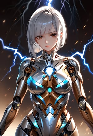A curvy female cyborg having glossy chrome-silver mechanical body with mechanical joints and internal structures visible,contrapposto,lightning Discharges from her body, Lightning.,glowing elements of her body,
She is smooth silver hair,medium_length silver hair with diagonal bangs,glossy dark brown eyes aglow with inner light,long eyelashes,(chrome-silver body reflects her surroundings and glistening in front light),her back is exposed mechanical internal structures,30 yo,
depth of fields,Front Light,daytime,background blurred,niji5,