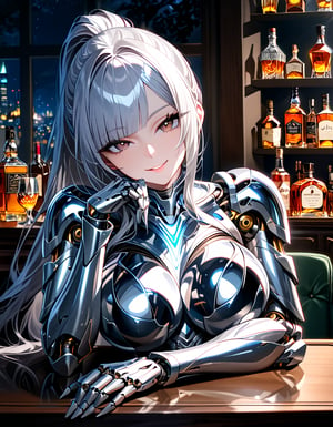 portrait of A curvy mature female android having glossy silver metallic mechanical specular body with mechanical joints and internal structures visible,She is resting her chin on her hand,her elbows on the desk.,glossy silver metallic body specular reflects her surroundings and glistening by soft light,her hip joints is exposed mechanical internal structures,mechanical breasts sagging,
BREAK,(she is Silver hair),ponytail hair cascading down her shoulder and diagonal bangs,she has Elaborate glossy dark brown eyes aglow with inner light,long eyelashes,30 yo,seductive smile,looking at viewer,
front light,fil light,depth of fields,whiskey glass on table,night,living room background blurred,niji6