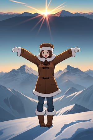 1 girl, brown hair,
winter clothing, trousers, parkas, winter coats, coats, fur, fur-trimmed boots, fur-trimmed coats, fur-trimmed gloves, fur-trimmed hats, fur-trimmed hoods, Fur-trimmed jacket, fur-trimmed sleeves, fur boots, fur coat, fur collar, fur trim, gloves, hat, boots, brown footwear,
raise arms, outstretched arms, outstretched arms, outstretched hands, spread arms, point upwards,
outdoor, cliff, sunrise, horizon, winter, mountain , mountain horizon, landscape,
particles of light, shine,