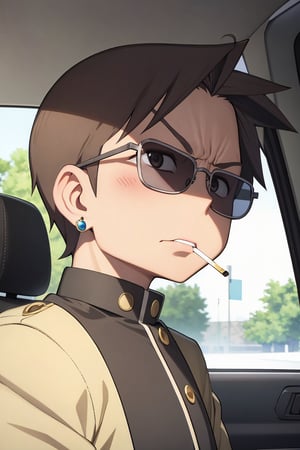 absurdres, absolutely resolution, incredibly absurdres, highres, ultra detailed, official art, unity 8k wallpaper,
BREAK
(1 boy:1.2), slicked back hair, black hair, sunglasses, smoking, (gakuran:1.2), no eyebrows , troubled eyebrows, thick lips, angry,
serious, (face focus:1.1), upper body, earrings,
BREAK
driving,
BREAK
