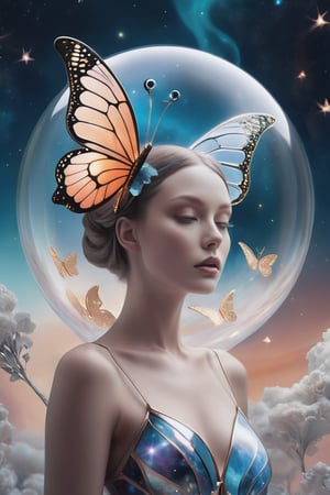 A surrealistic interpretation of the image prompt featuring a porcelain woman with delicate metallic butterfly wings, encased in a crystal dome against a backdrop of swirling nebulae in a celestial realm.