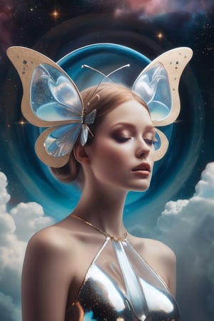 A surrealistic interpretation of the image prompt featuring a porcelain woman with delicate metallic butterfly wings, encased in a crystal dome against a backdrop of swirling nebulae in a celestial realm.