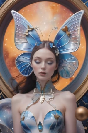 A surrealistic interpretation of the image prompt featuring a porcelain woman with delicate metallic butterfly wings, encased in a crystal dome against a backdrop of swirling nebulae in a celestial realm.