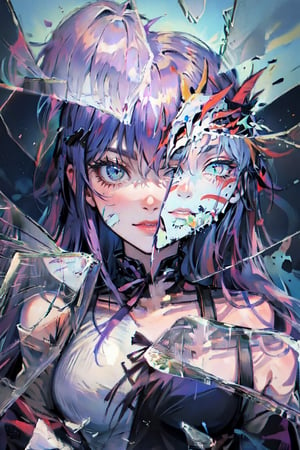 (The girl wears half a sky blue mask on the left side of her face:1.2),(Mask with elegant patterns),high resolution, detailed anatomy, detailed face, extra detailed,purple-hair, detailed eyes, 1 girl ,angel_beats!, imponent aura,perfecteyes,1 girl,horb,(hollow mask ichigo:1.2)(mask:1),(IncrsBrknGls:1),(large breast:1)