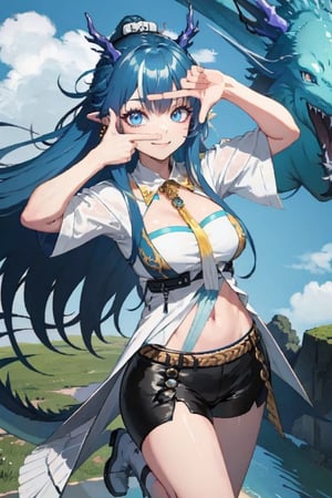 tmasterpiece,Best quality,(1girl:1),(girl is the protagonist:1),(look at the audience:1),smile,A high resolution,solo,fficial art, (unity 8k wallpaper), ultra detailed,origen,schwarz,ling,OriginalOutfit,long hair,blue hair,blue eye,(large breast:1.2),Ling Shorts,best quality,girl falling in the sky,cute,anime,floating in the air,a blue dragon in the background,3d animation,ancient dragon,8k,best quality,anime style,finger frame,(finger frame:1.4),(two hands:1.4),