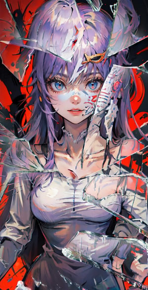 (The girl wears half a sky blue mask on the left side of her face:1.1),(Mask with elegant patterns),high resolution, detailed anatomy, detailed face, extra detailed,purple-hair, detailed eyes, 1 girl ,angel_beats!, imponent aura,perfecteyes,1 girl,horb,(hollow mask ichigo:1),(IncrsBrknGls:1),(large breast:1)