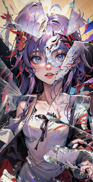 (The girl wears half a sky blue mask on the left side of her face:1),(Mask with elegant patterns),high resolution, detailed anatomy, detailed face, extra detailed,purple-hair, detailed eyes, 1 girl ,angel_beats!, imponent aura,perfecteyes,1 girl,horb,(hollow mask ichigo:1),(IncrsBrknGls:1)