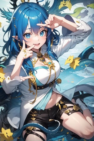 tmasterpiece,Best quality,(1girl:1),(girl is the protagonist:1),(look at the audience:1),smile,A high resolution,solo,fficial art, (unity 8k wallpaper), ultra detailed,origen,schwarz,ling,OriginalOutfit,long hair,blue hair,blue eye,(large breast:1.2),Ling Shorts,best quality,girl falling in the sky,cute,anime,floating in the air,a blue dragon in the background,3d animation,ancient dragon,8k,best quality,anime style,finger frame,(finger frame:1.4),(two hands:1.4),