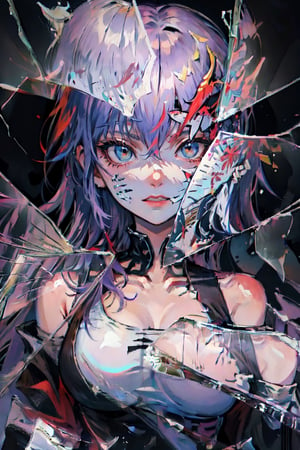 (The girl wears half a sky blue mask on the left side of her face:1.1),(Mask with elegant patterns),high resolution, detailed anatomy, detailed face, extra detailed,purple-hair, detailed eyes, 1 girl ,angel_beats!, imponent aura,perfecteyes,1 girl,horb,(hollow mask ichigo:1.2)(mask:1),(IncrsBrknGls:1),(large breast:1)
