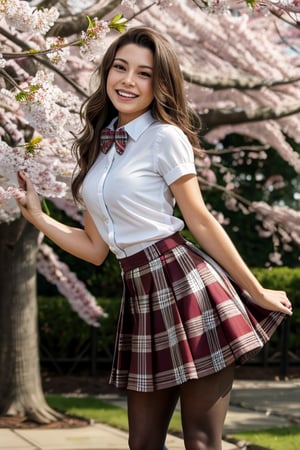 masterpiece, best quality, highres, aamahiru, long hair, red bowtie, white shirt, short sleeves, plaid skirt, brown skirt, pantyhose, , standing, cowboy shot, leaning forward, arms behind back, outdoors, cherry blossoms, smile, open mouth.