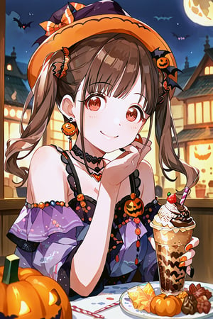 score_9, score_8_up, score_7_up, source_anime, 
sonoda chiyoko, 1girl, solo, brown hair, long hair, twintails, red eyes, 
hat, earrings, choker, jewelry, nail polish, smile, looking at viewer, food, drinking straw, ice cream, 
HALLOWEEN, 
watercolor (medium), 
night