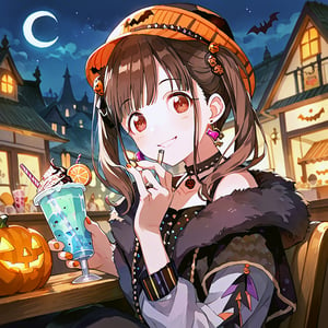 score_9, score_8_up, score_7_up, source_anime, 
sonoda chiyoko, 1girl, solo, brown hair, long hair, twintails, red eyes, 
hat, earrings, choker, jewelry, nail polish, smile, looking at viewer, food, drinking straw, ice cream, 
HALLOWEEN, 
watercolor (medium), 
night