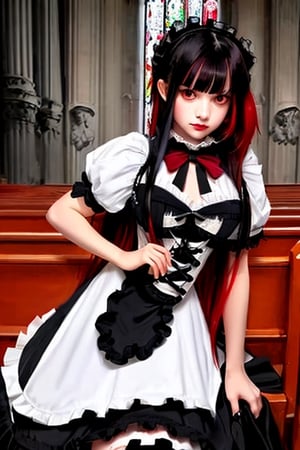 Lilim, dark angel girl, 1 girl, detailed face and eyes, black hair, (((very long black hair))), red bangs, (((very long red bangs))), blck bangs, (((very long black bangs))), black feathers wings, white stockings, black dress, (((very sexy black and red lolita dress))), visual novel cg, in a church background, epic fantasty art, princess of hell, carmilla vampire, succubus, infernal art in good quality, shadowverse style, ruler of inferno, brizo, giesha demon, isekai manga panel