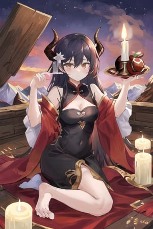 Candle dragon, Chinese dragon girl, 1 girl, detailed face and eyes, long black hair, brown eyes, wink 1 eye, horns, red chengsam, red tail, no shoes, visual novel cg, in a mountain background, epic fantasty art, queen of dragon, cerberus, infernal art in good quality, shadowverse style, ruler of inferno, gehenna, isekai manga panel