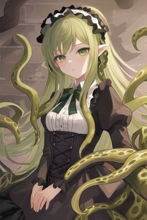 Abhoth, slime girl, 1 girl, detailed face and eyes, green hair, (((very long green hair))), green tentacles, (((green tentacles))), black dress, (((black lolita dress))), visual novel cg, in a dungeon background, epic fantasty art, source of miscreation, mud mass, chimera, infernal art in good quality, shadowverse style, source of abomination, simple-minded, ultimate mistake, isekai manga panel