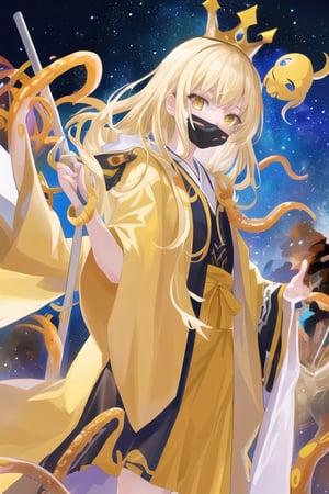 Hastur, octopus girl, 1girl , yellow robe like very long yellow hair, starry eyes, yellow robe, black lolita dress, yellow tentacles, black tentacles, face mask on hand, visual novel cg, in a starry sky background, epic fantasty art, lord of interstellar spaces, feaster from afar, infernal art in good quality, shadowverse style, king in yellow, isekai manga panel 