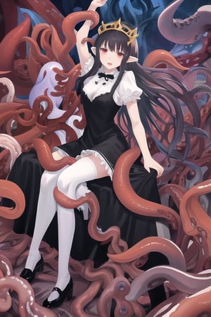 Nyarlathotep, 1 girl, detailed face and eyes, very long black hair, red eyes, black lolita dress, white stockings, black shoes, black tentacles, (((black tentacles))), visual novel cg, in a dungeon background, epic fantasty art, queen of chaos, outer god, cerberus, infernal art in good quality, shadowverse style, ruler of shadow, gehenna, evil god, isekai manga panel