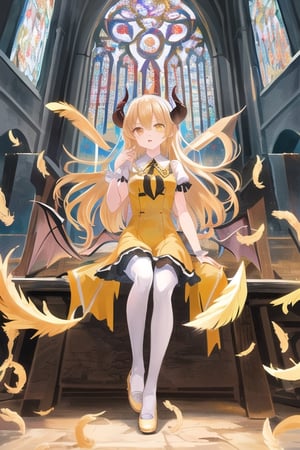 Belphegor, 1 demon girl, ((( demon child))), detailed face and eyes, very long golden hair, pale golden eyes, cow horns, mole tail, feathers wings, (((yellow feathers wings))), yellow lolita dress, white stockings, sitting, visual novel cg, in a ruined church background, epic fantasty art, cerberus, infernal art in good quality, shadowverse style, ruler of inferno, gehenna, giesha demon, isekai manga panel