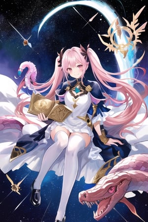 Jormungand, snake child, 1 girl, detailed face and eyes, very long pink hair, pink eyes, twin tails, pink lolti dress, white stockings, pink snake tail, smile lovely, visual novel cg, in a space background, epic fantasty art, princess of galaxy, midgard serpent, infernal art in good quality, shadowverse style, ruler of serpent, cosmos, world surrounder, isekai manga panel