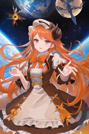 Ghroth, planet girl, 1 girl, detailed face and eyes, orange hair, (((very long orange hair))), grey eyes, white stockings, brown red dress, (((brown red lolita dress))), brown death planet with silver eyes on hands, visual novel cg, in a space background, epic fantasty art, maker of the Doom, Nemesis Star, Alcor, infernal art in good quality, shadowverse style, ruler of inferno, harbinger, big alarm, isekai manga panel