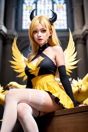 Belphegor, 1 demon girl, (((demon child))), detailed face and eyes, very long golden hair, pale golden eyes, cow horns, mole tail, feathers wings, (((yellow feathers wings))), yellow lolita dress, white stockings, sitting, visual novel cg, in a ruined church background, epic fantasty art, cerberus, infernal art in good quality, shadowverse style, ruler of inferno, gehenna, giesha demon, isekai manga panel