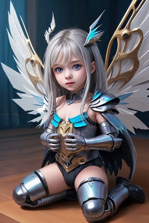 Albion, dragon girl, child, (((child))), 1 girl, detailed face and eyes, very long silver hair, metal horns, blue eyes, wings, (((metal wings))), very sexy silver and blue armour, metal gloves, metal shoes, metal tail, visual novel cg, in a warfield background, epic fantasty art, queen of machine, dragon child, infernal art in good quality, shadowverse style, ruler of androids, cyberpunk, futuristic machine, isekai manga panel