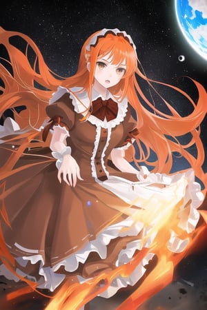 Ghroth, planet girl, 1 girl, detailed face and eyes, orange hair, (((very long orange hair))), grey eyes, white stockings, brown red dress, (((brown red lolita dress))), brown death planet with silver eyes on hands, visual novel cg, in a space background, epic fantasty art, maker of the Doom, Nemesis Star, Alcor, infernal art in good quality, shadowverse style, ruler of inferno, harbinger, big alarm, isekai manga panel