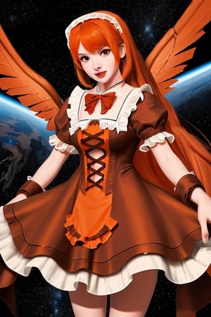 Ghroth, planet girl, 1 girl, detailed face and eyes, orange hair, (((very long orange hair))), grey eyes, white stockings, brown red dress, (((brown red lolita dress))), brown death planet with silver eyes on hands, visual novel cg, in a space background, epic fantasty art, maker of the Doom, Nemesis Star, Alcor, infernal art in good quality, shadowverse style, ruler of inferno, harbinger, big alarm, isekai manga panel