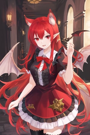 Samael, demon girl, 1 girl, detailed face and eyes, red hair, (((very long red hair))), red eyes, (((red eyes))), wolf ears, red dragon wings, black stockings, red dress, (((red lolita dress))), visual novel cg, in a dungeon background, epic fantasty art, queen of hell, carmilla vampire, cerberus, infernal art in good quality, shadowverse style, ruler of inferno, gehenna, giesha demon, isekai manga panel
