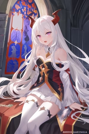 Azazel, dark angel girl, 1 girl, detailed face and eyes, white hair, (((very long white hair))), goat horns, black and white feathers wings, white stockings, very sexy white outfit, visual novel cg, in a ruined church background, epic fantasty art, queen of hell, carmilla vampire, cerberus, infernal art in good quality, shadowverse style, ruler of inferno, gehenna, giesha demon, isekai manga panel