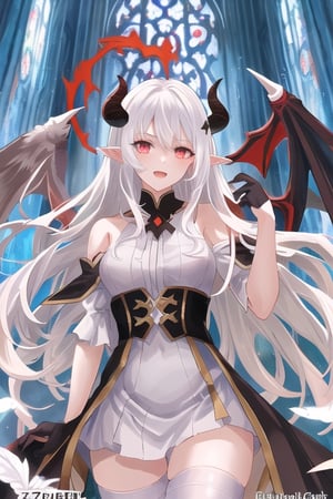 Azazel, dark angel girl, 1 girl, detailed face and eyes, white hair, (((very long white hair))), goat horns, black and white feathers wings, white stockings, very sexy white outfit, visual novel cg, in a ruined church background, epic fantasty art, queen of hell, carmilla vampire, cerberus, infernal art in good quality, shadowverse style, ruler of inferno, gehenna, giesha demon, isekai manga panel