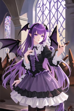 Lucifer, dark angel girl, 1 girl, detailed face and eyes, purple hair, (((very long purple hair))), bat wings, (((black bat wings))), purple dress, (((purple lolita dress))), black stockings, visual novel cg, in a ruined church background, epic fantasty art, queen of hell, carmilla vampire, cerberus, infernal art in good quality, shadowverse style, ruler of inferno, gehenna, giesha demon, isekai manga panel