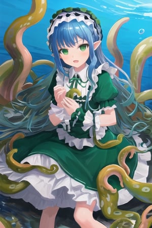 Cthulhu, octopus girl, 1girl, blue hair, (((blue hair))), green eyes, green lolita dress, (((green lolita dress))), green tentacles, (((green tentacles))), visual novel cg, in a ocean background, epic art, queen of mare, karen octopus, infernal art in good quality, shadowverse style, ruler of ocean, profound, great old ones, isekai manga panel