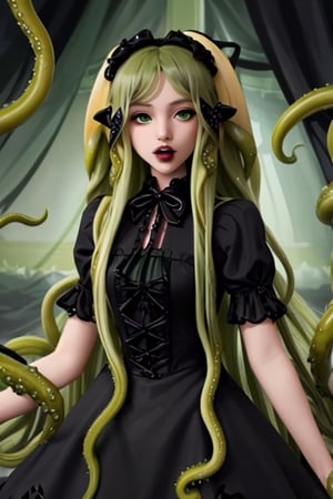 Abhoth, slime girl, 1 girl, detailed face and eyes, green hair, (((very long green hair))), green tentacles, (((green tentacles))), black dress, (((black lolita dress))), visual novel cg, in a dungeon background, epic fantasty art, source of miscreation, mud mass, chimera, infernal art in good quality, shadowverse style, source of abomination, simple-minded, ultimate mistake, isekai manga panel