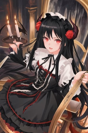 Satan, dark angel girl, 1 girl, detailed face and eyes, black hair, (((very long black hair))), black horns, black feathers wings, black stockings, black dress, (((black lolita dress))), visual novel cg, in a dungeon background, epic fantasty art, queen of hell, carmilla vampire, cerberus, infernal art in good quality, shadowverse style, ruler of inferno, gehenna, giesha demon, isekai manga panel