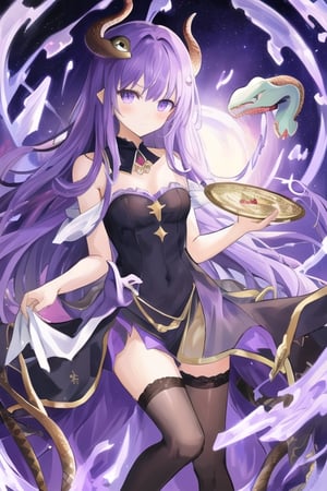 Ouroboros, snake girl, (((snake child))), 1 girl, detailed face and eyes, purple ruriiro hair, (((very long purple ruriiro hair))), starry eyes, black lolita dress, white stockings, purple tail, visual novel cg, in a chaos background, epic fantasty art, princess of time, infinite ouroboros, cycle, infernal art in good quality, shadowverse style, ruler of circulation, infinite, eternal cycle, isekai manga panel