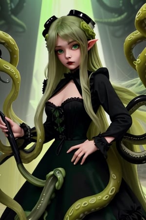 Abhoth, slime girl, 1 girl, detailed face and eyes, green hair, (((very long green hair))), green tentacles, (((green tentacles))), black dress, (((black lolita dress))), visual novel cg, in a dungeon background, epic fantasty art, source of miscreation, mud mass, chimera, infernal art in good quality, shadowverse style, source of abomination, simple-minded, ultimate mistake, isekai manga panel,egypt