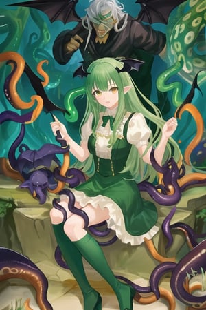 Shub-Niggurath, the Mother of black goats, 1 girl, detailed face and eyes, dark green hair, golden eyes, goats horns, bat wings, (((green bat wings))), tentacles, (((green tentacles))), green lolita dress, white stockings, green shoes, sitting on back goats, surrounded by black goats, visual novel cg, in a dungeon background, epic fantasty art, the Mother of black goats, cerberus, infernal art in good quality, shadowverse style, ruler of chaos, gehenna, isekai manga panela