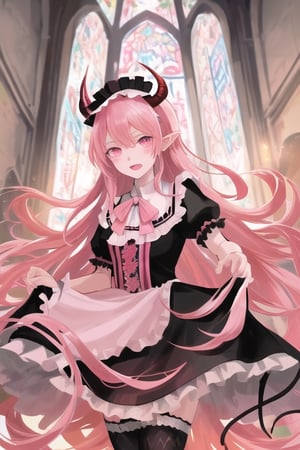 Asmodeus, demon girl, 1 girl, detailed face and eyes, pink hair, (((very long pink hair))), pink horns, pink feathers wings, black stockings, pink dress, (((very long pink lolita dress))), scorpion tail, visual novel cg, in a ruined church background, epic fantasty art, queen of hell, carmilla vampire, cerberus, infernal art in good quality, shadowverse style, ruler of inferno, gehenna, giesha demon, isekai manga panel