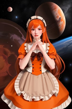 Ghroth, planet girl, 1 girl, detailed face and eyes, orange hair, (((very long orange hair))), grey eyes, white stockings, brown red dress, (((brown red lolita dress))), brown death planet with silver eyes on hands, visual novel cg, in a space background, epic fantasty art, maker of the Doom, Nemesis Star, Alcor, infernal art in good quality, shadowverse style, ruler of inferno, harbinger, big alarm, isekai manga panel