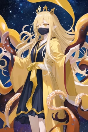 Hastur, octopus girl, 1girl , yellow robe like very long yellow hair, starry eyes, yellow robe, black lolita dress, yellow tentacles, black tentacles, face mask on hand, visual novel cg, in a starry sky background, epic fantasty art, lord of interstellar spaces, feaster from afar, infernal art in good quality, shadowverse style, king in yellow, isekai manga panel 