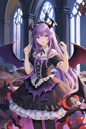 Lucifer, dark angel girl, 1 girl, detailed face and eyes, purple hair, (((very long purple hair))), bat wings, (((black bat wings))), purple dress, (((purple lolita dress))), black stockings, visual novel cg, in a ruined church background, epic fantasty art, queen of hell, carmilla vampire, cerberus, infernal art in good quality, shadowverse style, ruler of inferno, gehenna, giesha demon, isekai manga panel