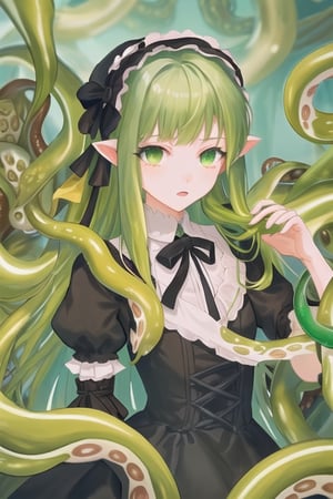 Abhoth, slime girl, 1 girl, detailed face and eyes, green hair, (((very long green hair))), green tentacles, (((green tentacles))), black dress, (((black lolita dress))), visual novel cg, in a dungeon background, epic fantasty art, source of miscreation, mud mass, chimera, infernal art in good quality, shadowverse style, source of abomination, simple-minded, ultimate mistake, isekai manga panel