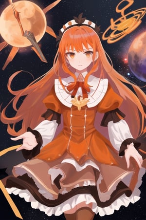 Ghroth, planet girl, 1 girl, detailed face and eyes, orange hair, (((very long orange hair))), grey eyes, white stockings, brown red dress, (((brown red lolita dress))), brown death planet with silver eyes on hands, visual novel cg, in a space background, epic fantasty art, maker of the Doom, Nemesis Star, Alcor, infernal art in good quality, shadowverse style, ruler of inferno, harbinger, big alarm, isekai manga panel