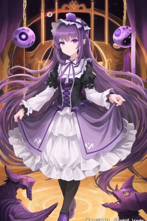 Yog-Sothoth, 1 girl, purple hair, (((very long dark purple hair))), ruriiro eyes, lolita dress, (((purple lolita dress))), white stockings, purple shoes, lights ball around, visual novel cg, in a area full of pale purple light background, epic fantasty art, queen of god, cerberus, infernal art in good quality, shadowverse style, ruler of inferno, gehenna, isekai manga panel