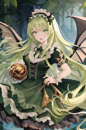 Beelzebub, demon girl, 1 girl, detailed face and eyes, green hair, (((very long green hair))), green fairy wings, black stockings, green dress, (((green lolita dress))), visual novel cg, in a swamp background, epic fantasty art, queen of hell, carmilla vampire, cerberus, infernal art in good quality, shadowverse style, ruler of disease, gehenna, giesha demon, isekai manga panel