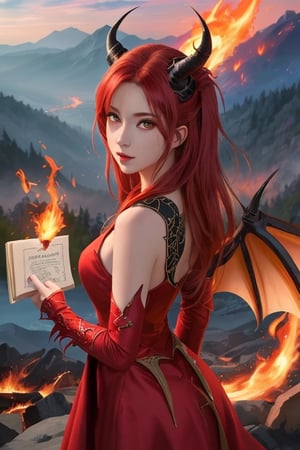 Y-Ddraig-Goch, dragon girl,1 girl, detailed face and eyes, very long red hair, red eyes, big red horns, dragon wings on back, red dress, fire around, visual novel cg, in a mountain background, epic fantasty art, queen of dragon, cerberus, infernal art in good quality, shadowverse style, ruler of fire, gehenna, isekai manga panel